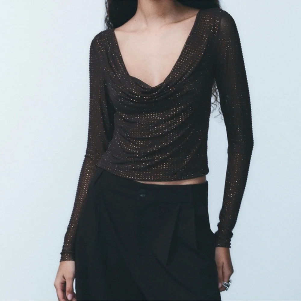 Zara Black Sheer Long Sleeve Blouse - Picture 3 of 9